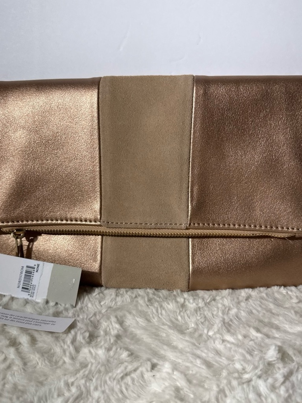 Metallic Rose Gold Fold-Over Clutch with Tan Center Panel